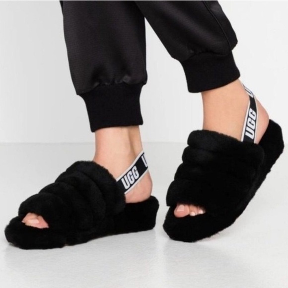UGG K Fluffy Yeah Slide Black White Slipper Shoes - Picture 1 of 15